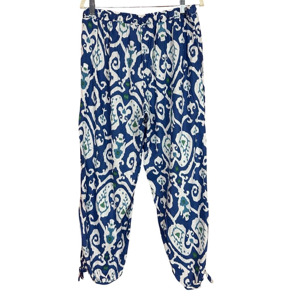 Christian Siriano Boho Blue Green White Linen Blend Pants Tie Cuff Large NWT‎